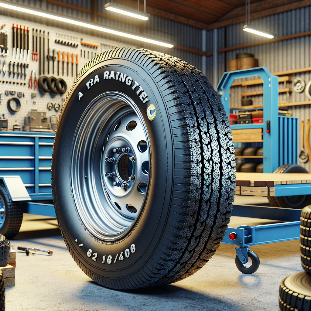 A light-duty trailer tire with a C rating label beside a medium-sized blue trailer in a workshop.