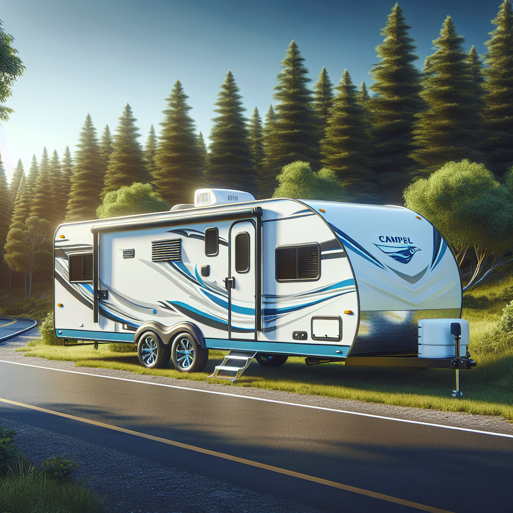 A camper trailer parked on a scenic roadside with well-maintained tires.