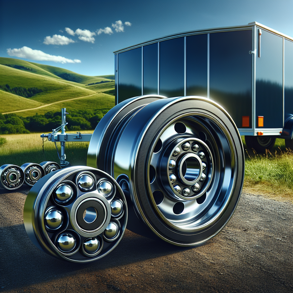 A close-up of a trailer wheel assembly emphasizing the wheel bearings against a green landscape.
