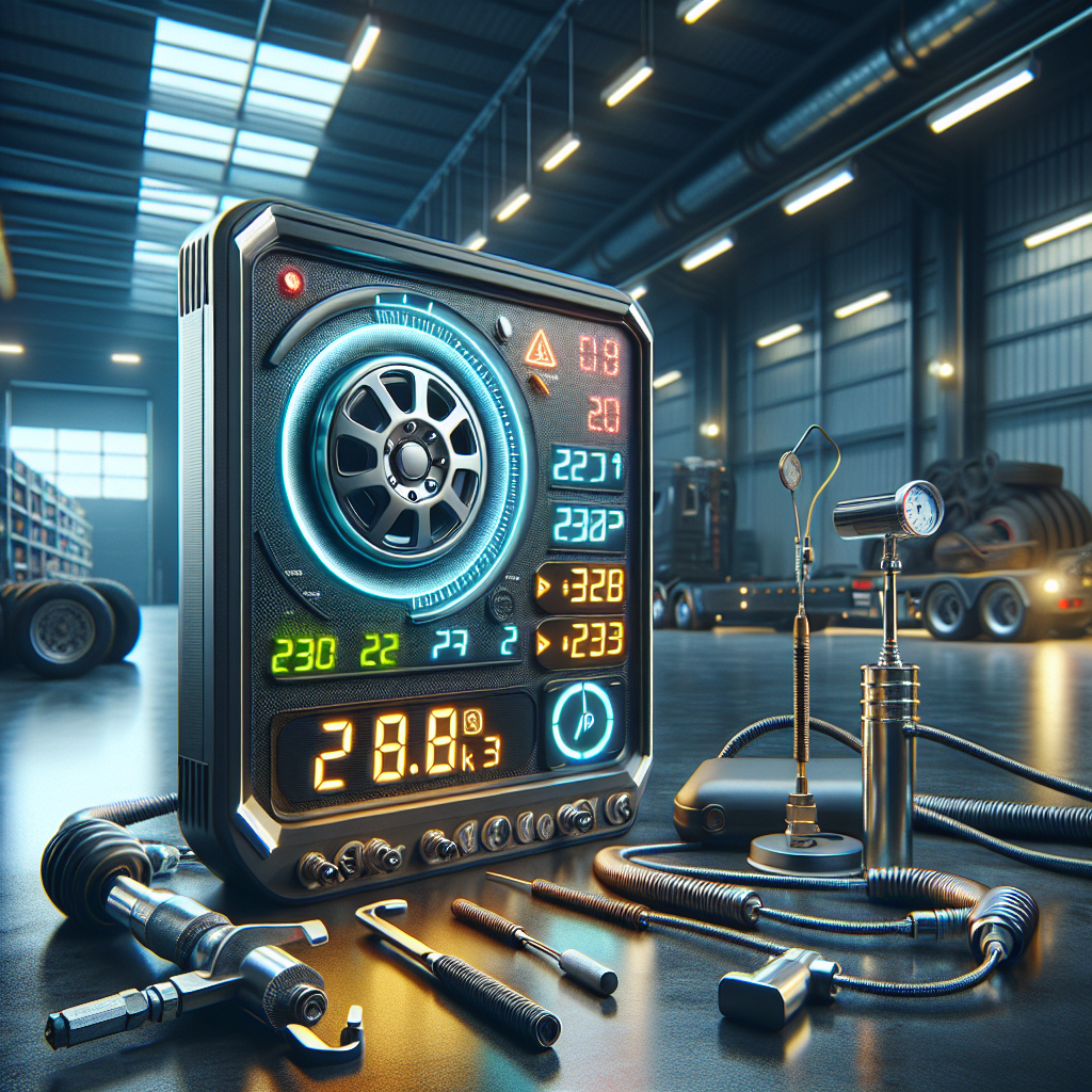 A Tyre Pressure Monitoring System in a workshop with tools and a trailer.