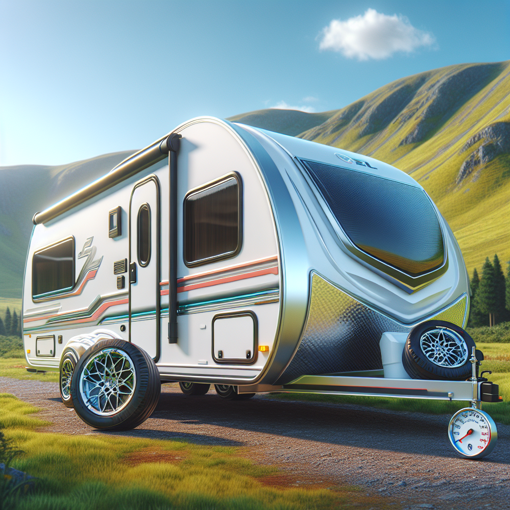 A camper trailer parked in a scenic landscape, emphasizing proper tire pressure.