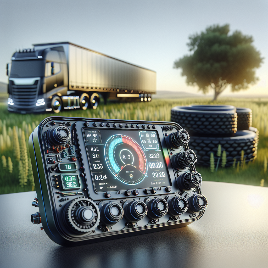 A tire pressure monitoring system displayed on a vehicle dashboard with a trailer in the background.