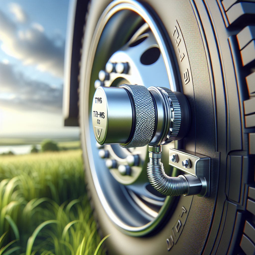A close-up of a Tyre Pressure Monitoring System on a trailer tire.