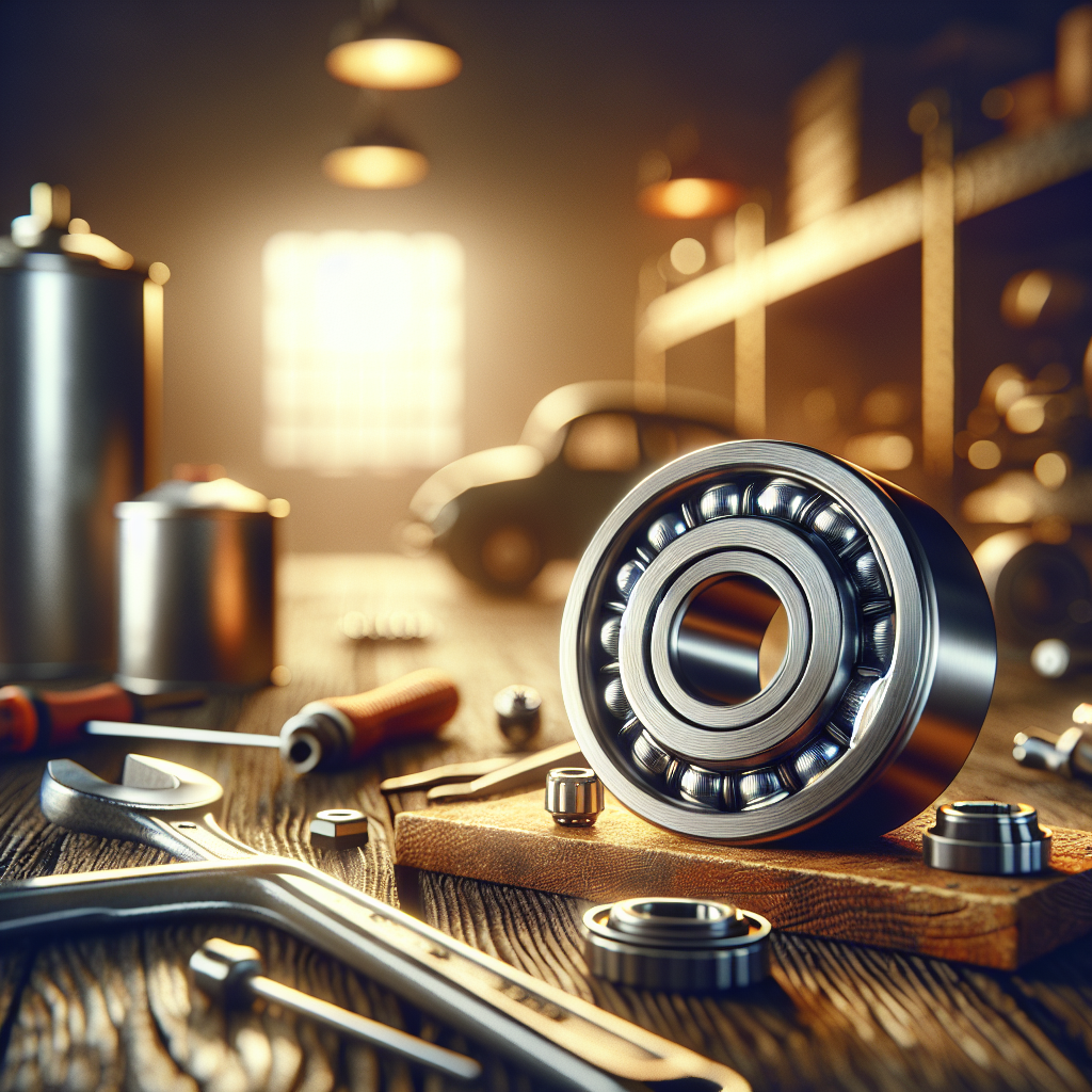 A close-up of a trailer wheel bearing assembly on a workbench with tools.
