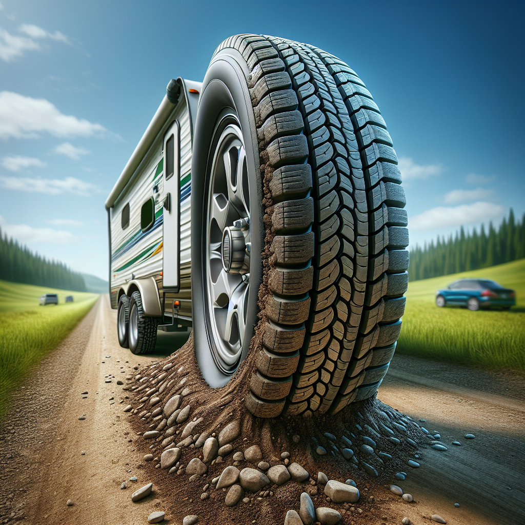 Close-up view of camper trailer tires, one under-inflated and one over-inflated, set on a gravel road with a scenic countryside background.