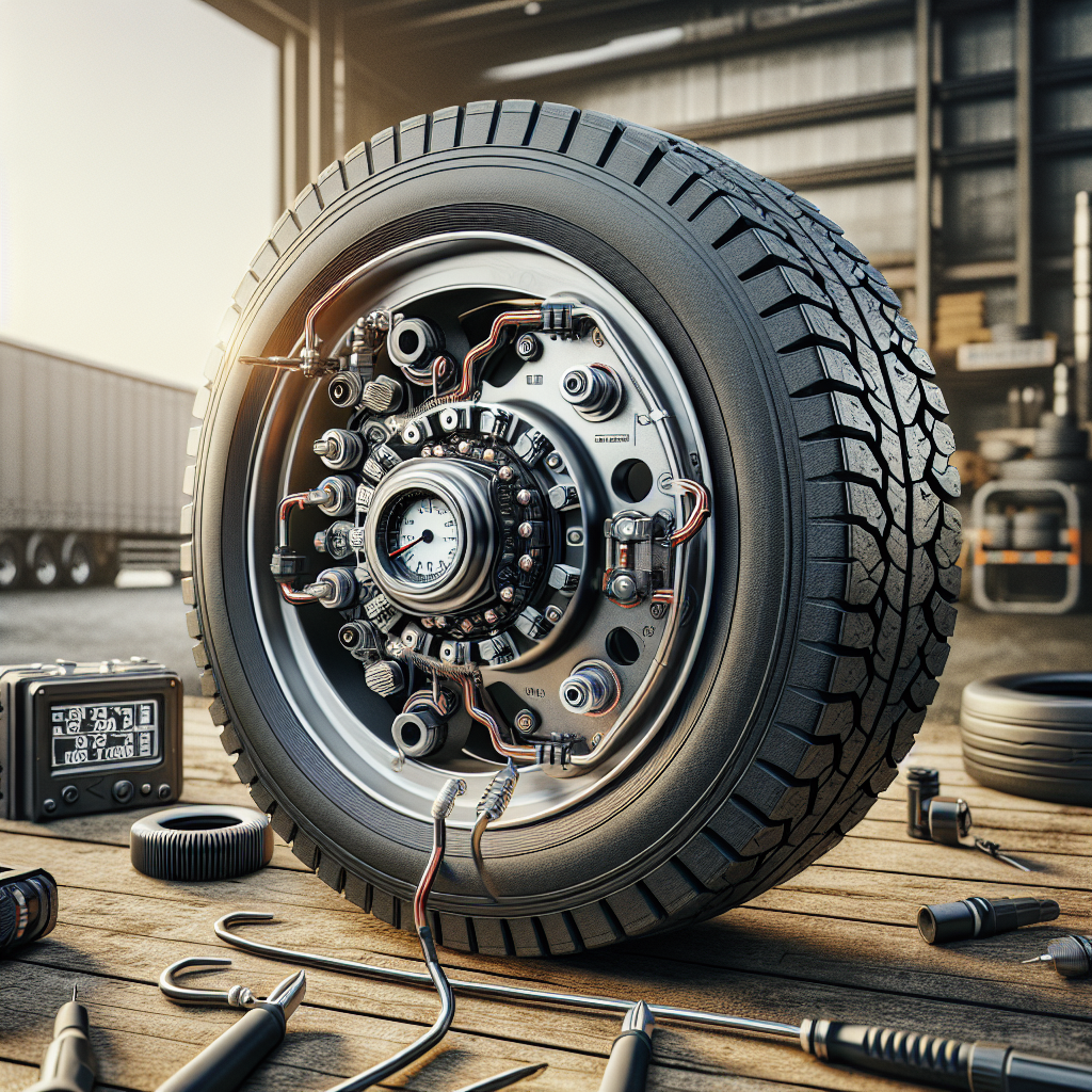 A close-up of a Tyre Pressure Monitoring System installed on a trailer wheel in a bright workshop.