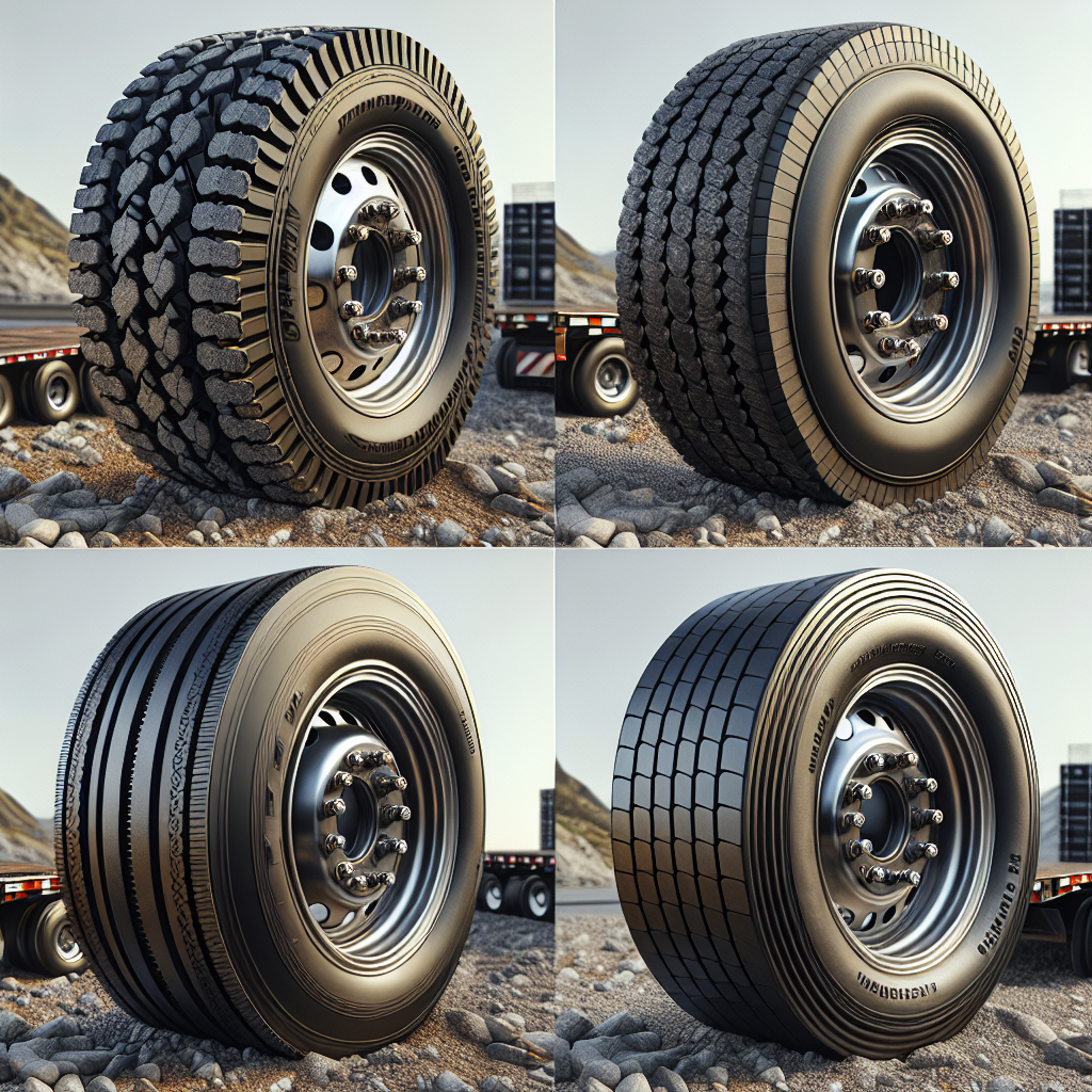 Illustration of various trailer tires showcasing distinct features on a gravel terrain.