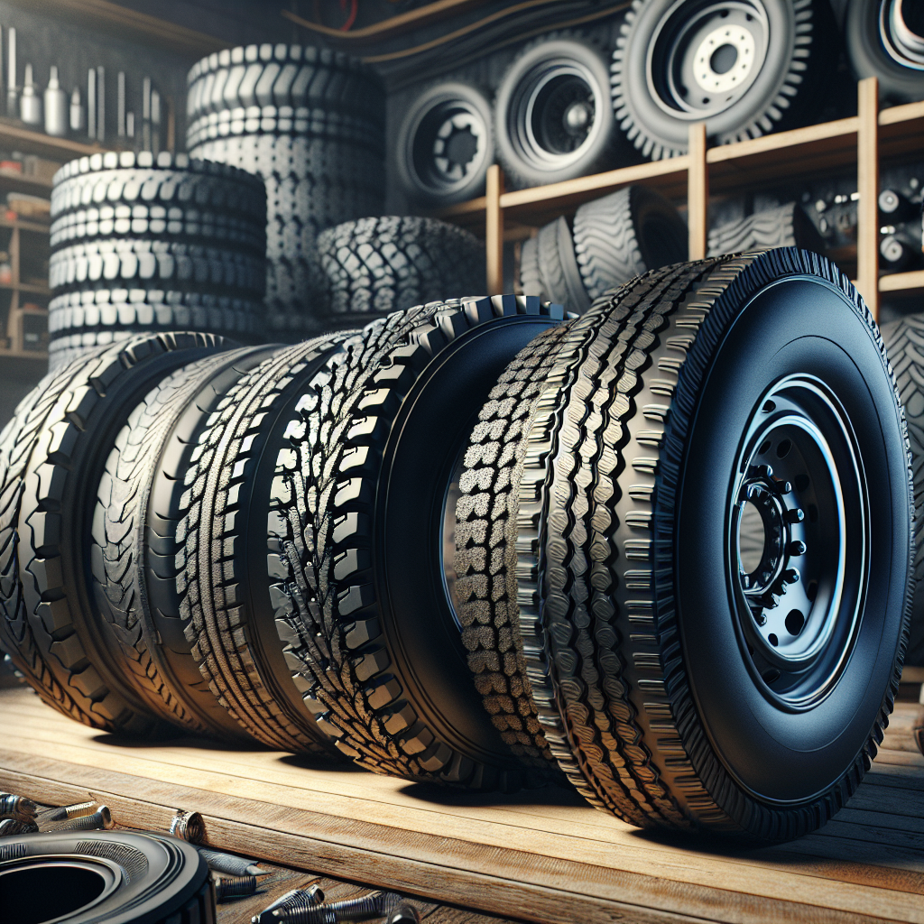A variety of trailer tires displaying different tread patterns and specifications.