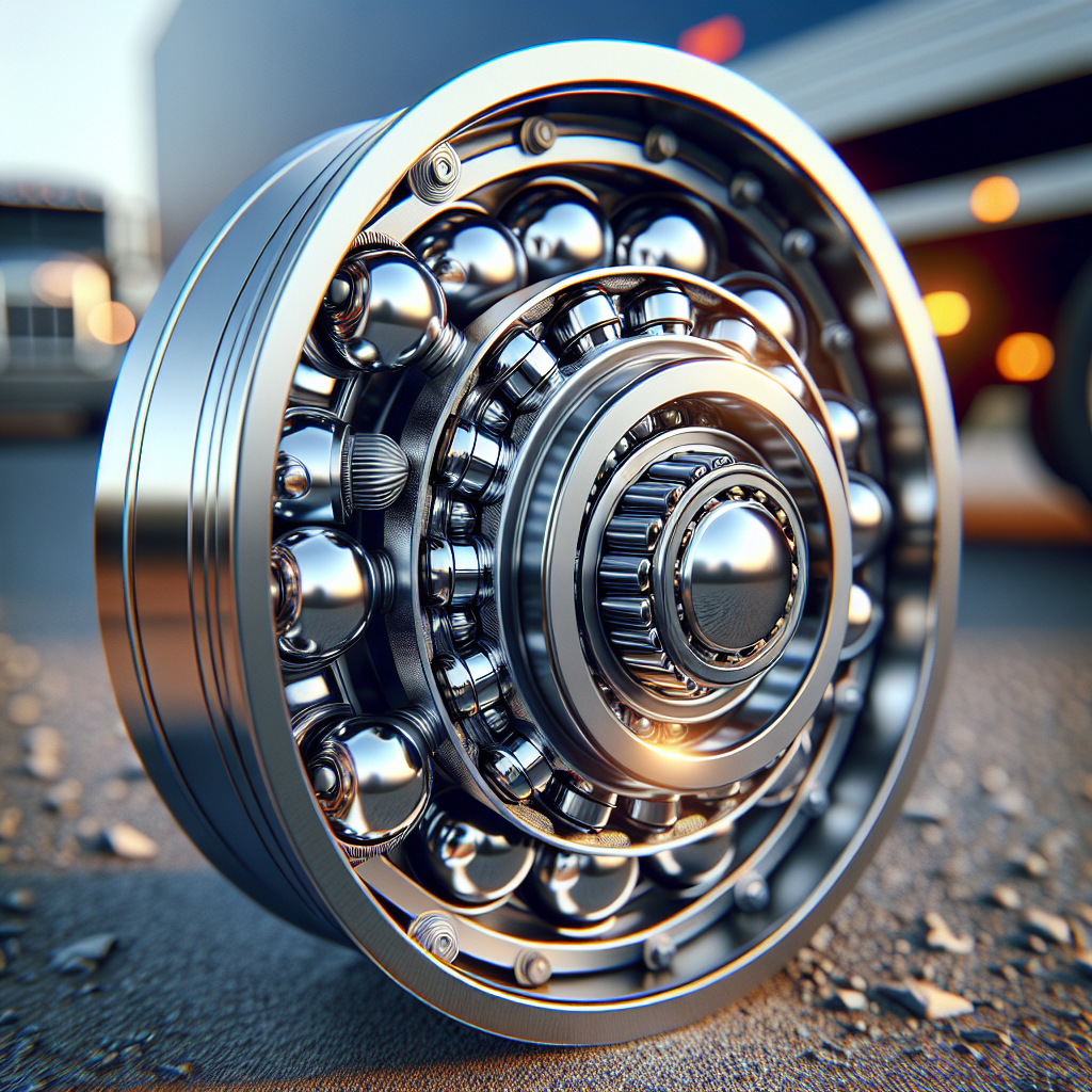 Close-up view of trailer wheel hub with shiny bearings.