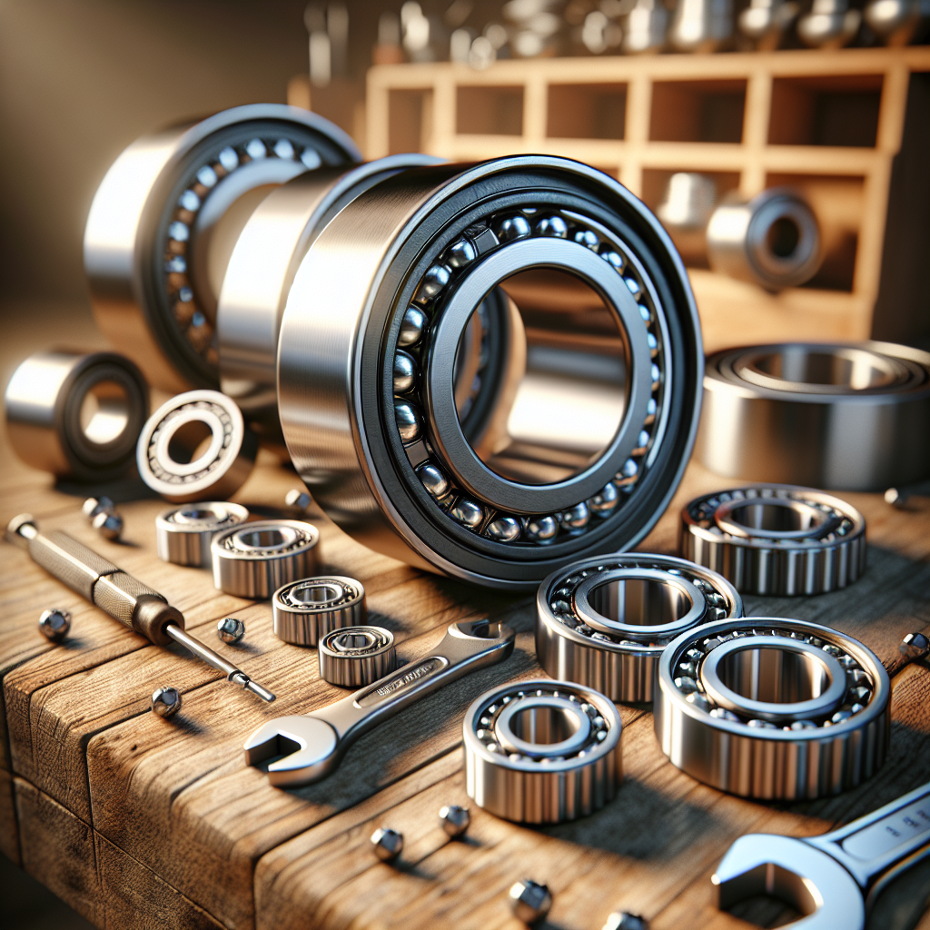 High-quality trailer wheel bearings on a wooden workbench with tools.