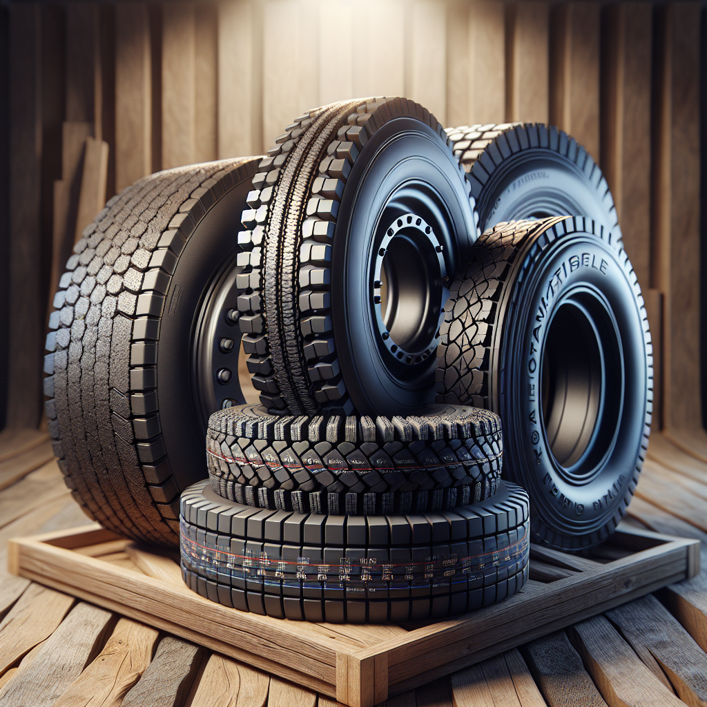 An assortment of various trailer tires with different tread patterns and load ratings displayed on a wooden surface.