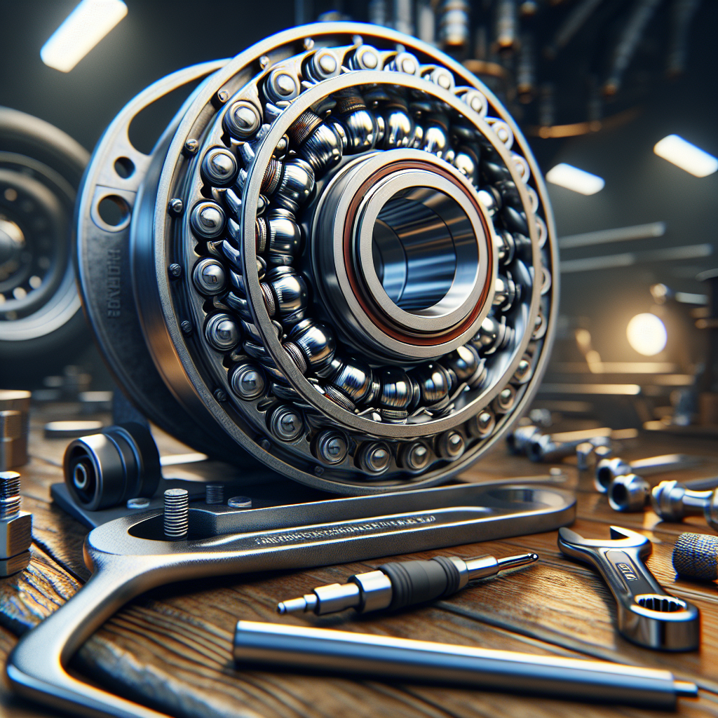 An image of a trailer wheel bearing assembly with tools on a workbench for maintenance.