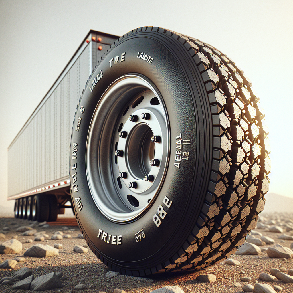 A close-up view of a heavy-duty trailer tire showcasing its tread patterns and load capacity.