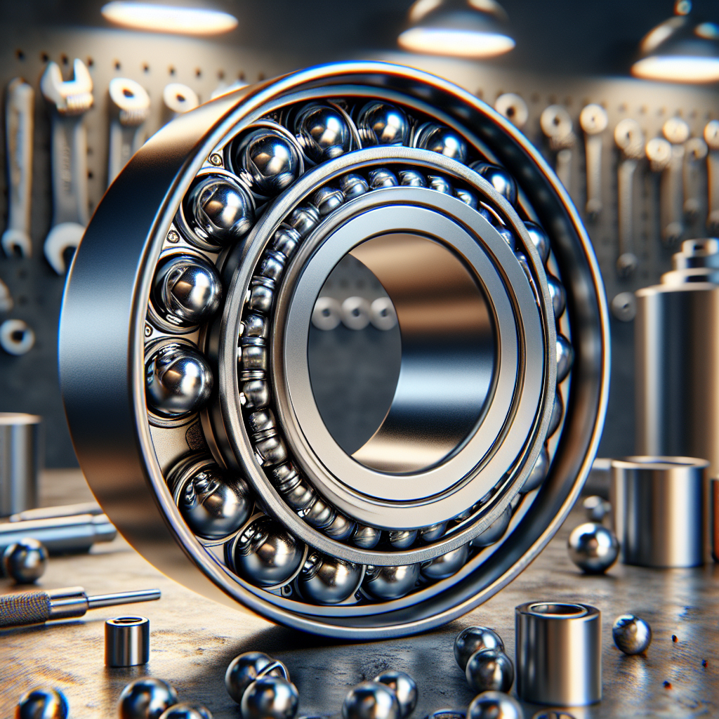 A close-up realistic image of trailer bearings with a mechanic's workshop in the background.