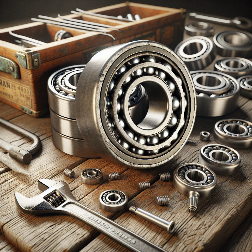 A close-up of trailer bearings on a workbench with tools, showing the details of the bearings.