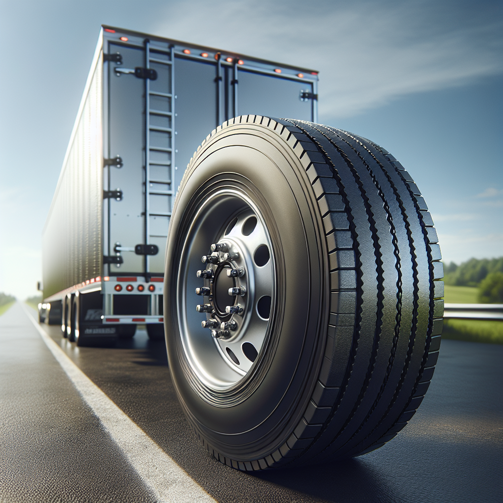 A well-maintained trailer tire next to a silver trailer on an asphalt road.