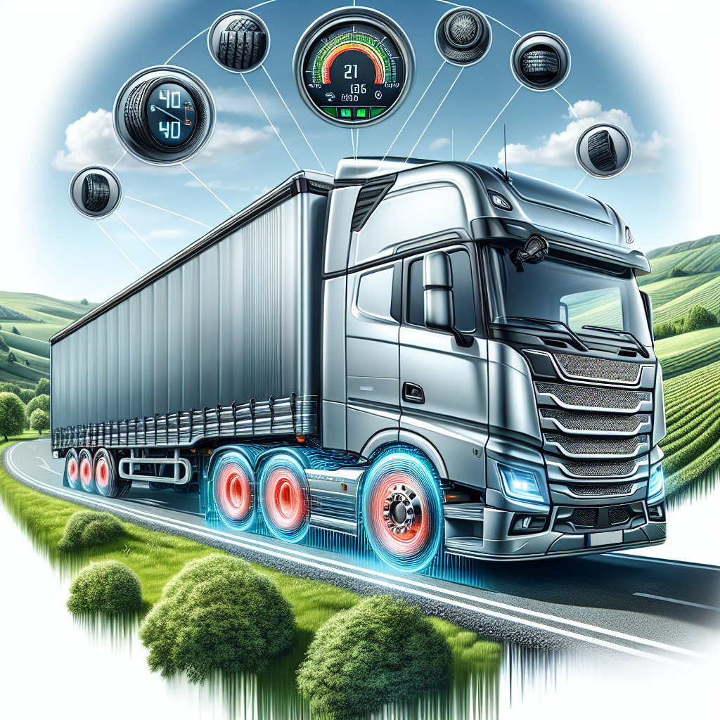 A trailer with TPMS display in a scenic landscape, highlighting tire conditions.