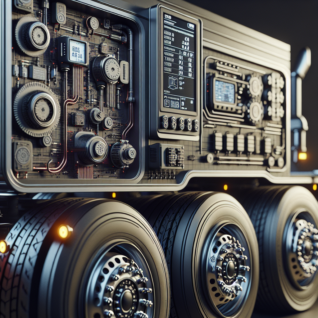 A detailed realistic image of a Tire Pressure Monitoring System setup on a heavy-duty trailer.