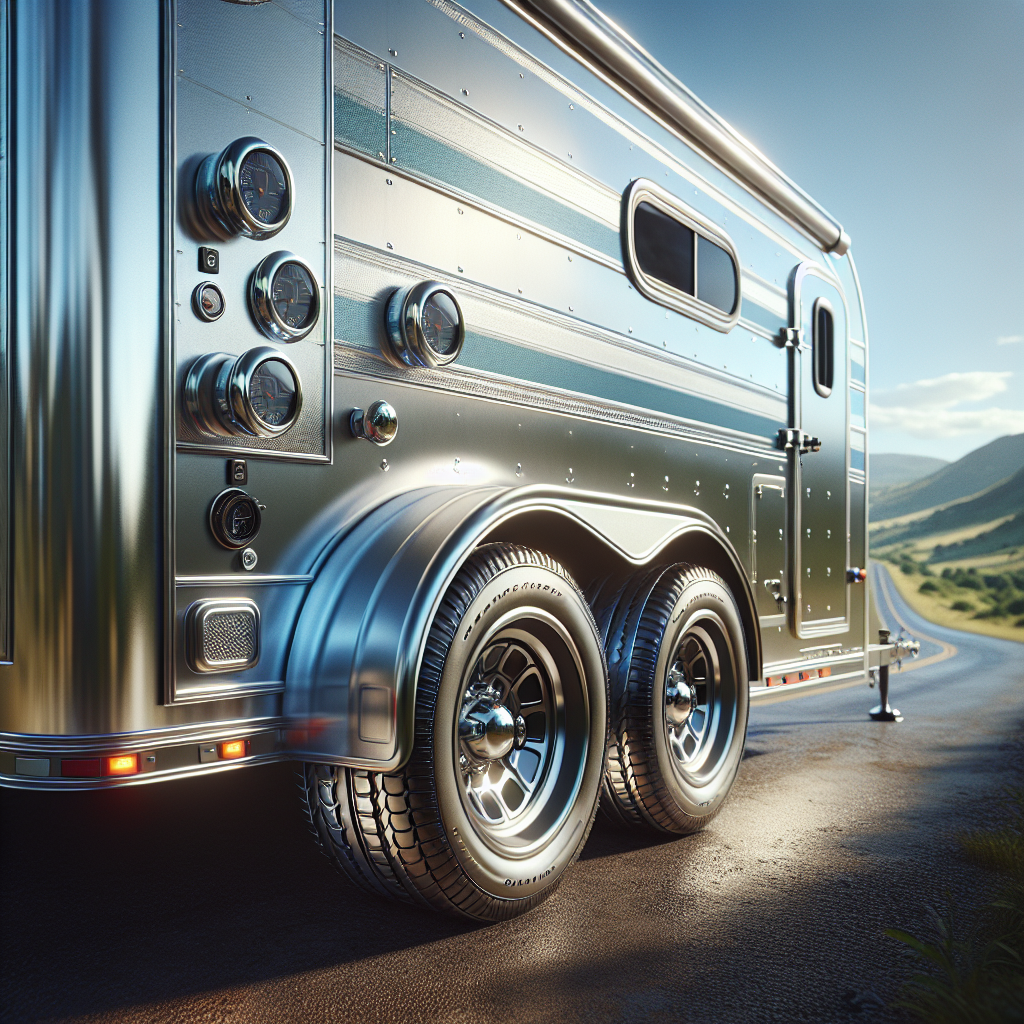 A trailer parked on a road with its rear tires showcased in detail.