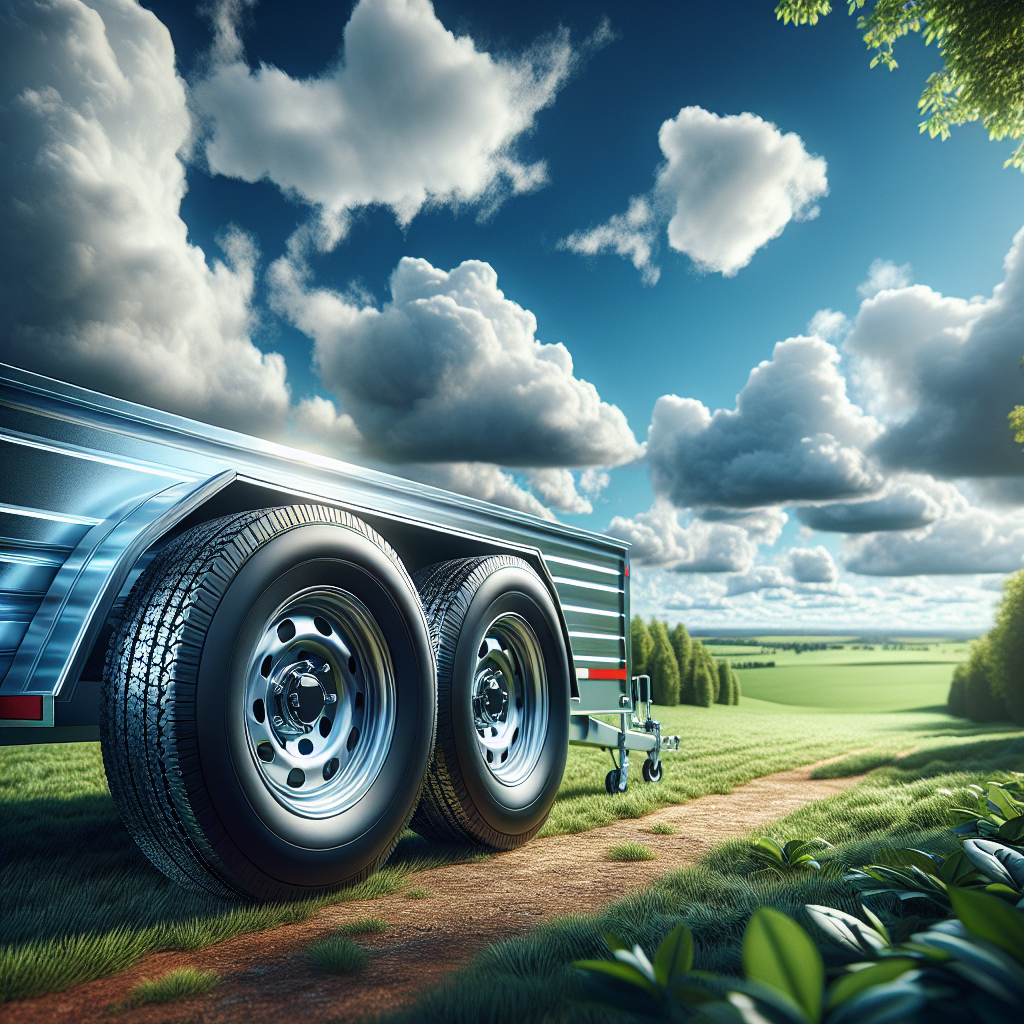 A trailer parked in a scenic landscape focusing on its tires.