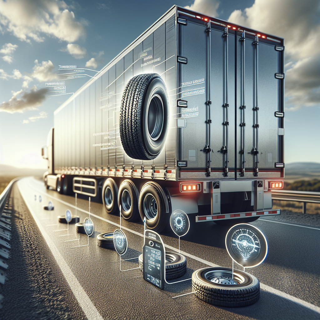 A trailer on a highway with detailed tires and a subtle temperature monitoring system.