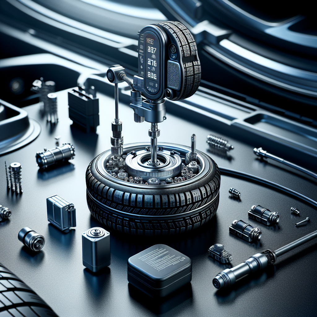 A close-up view of a tire pressure sensor with its components and an automotive backdrop.