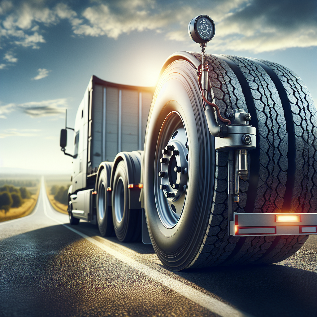 A close-up of a trailer tire with a TPMS sensor, on a blurred road background.