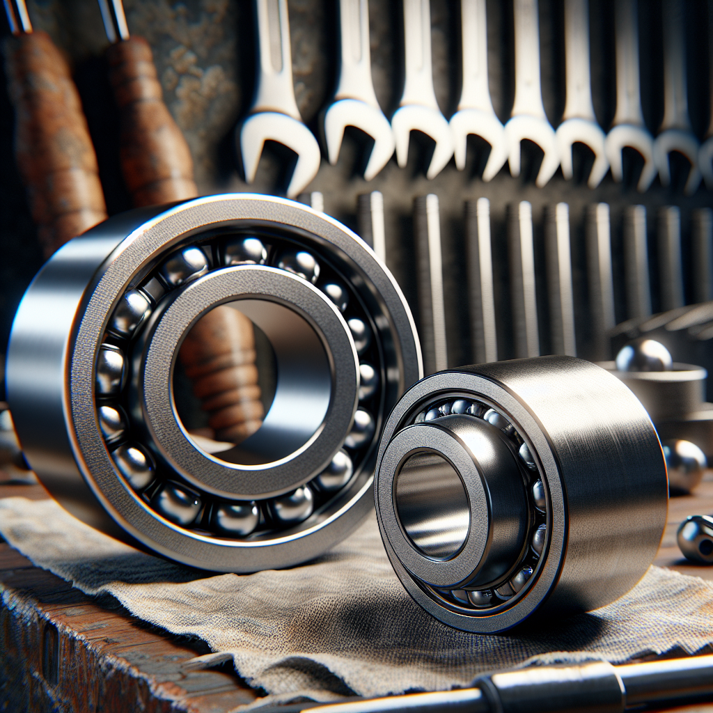 Close-up image of a roller bearing and a ball bearing on a mechanic's workbench.