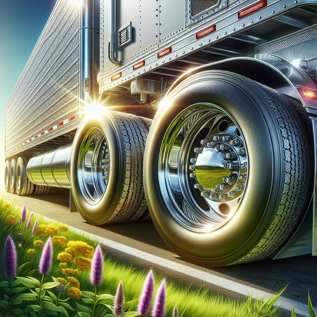A focused view of a parked silver trailer and oversized tires on a sunny green landscape.