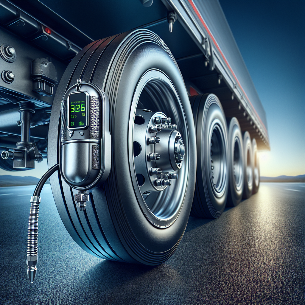 A close-up of a tire with a direct sensor and a trailer in the background.