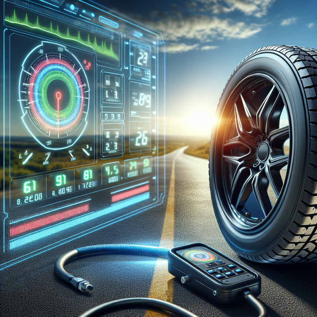 A realistic depiction of a modern tire pressure monitoring system with a vehicle tire and digital display.