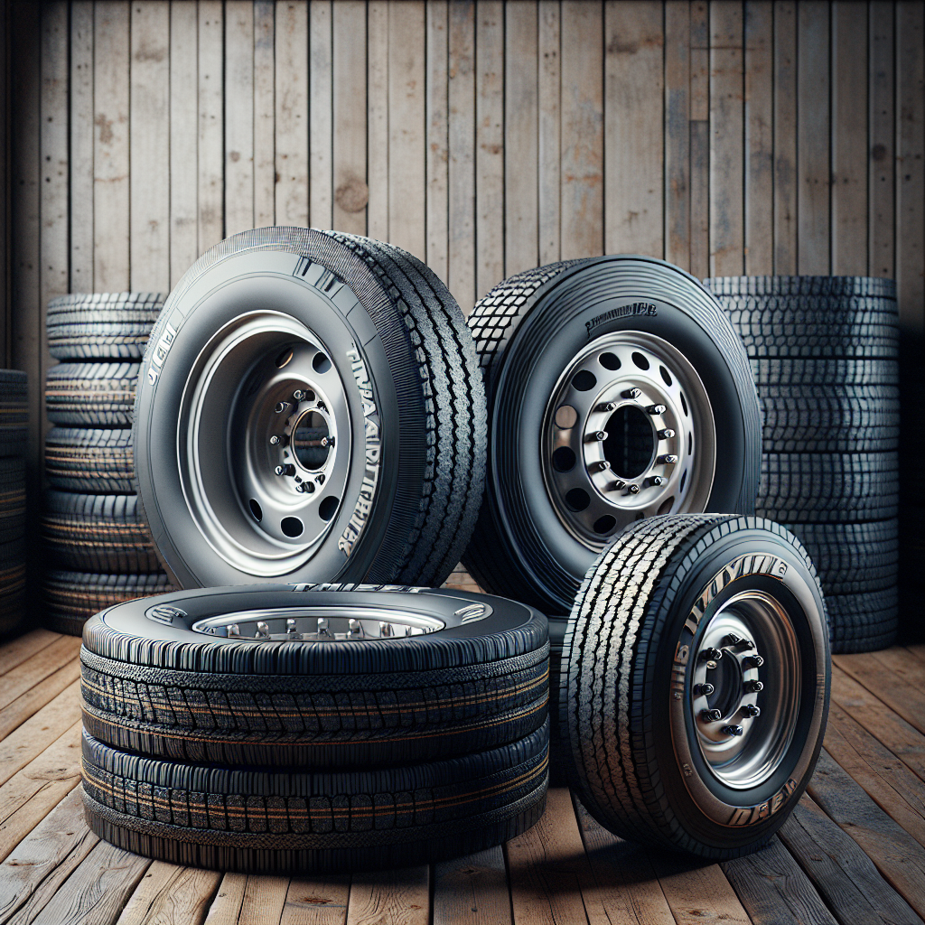 A display of various trailer tires including ST, LT, Bias Ply, and Radial types.