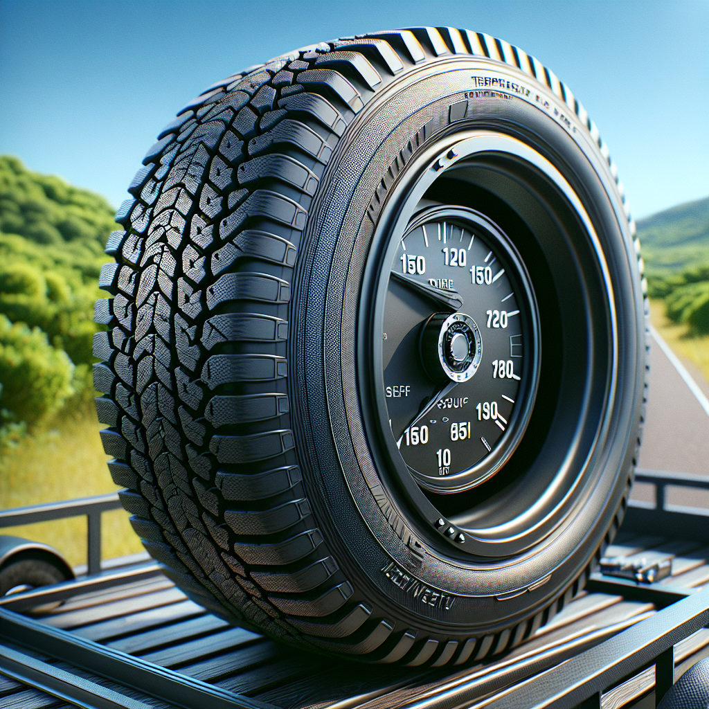 A close-up of a tire on a trailer with a temperature gauge, set against a sunny roadway.