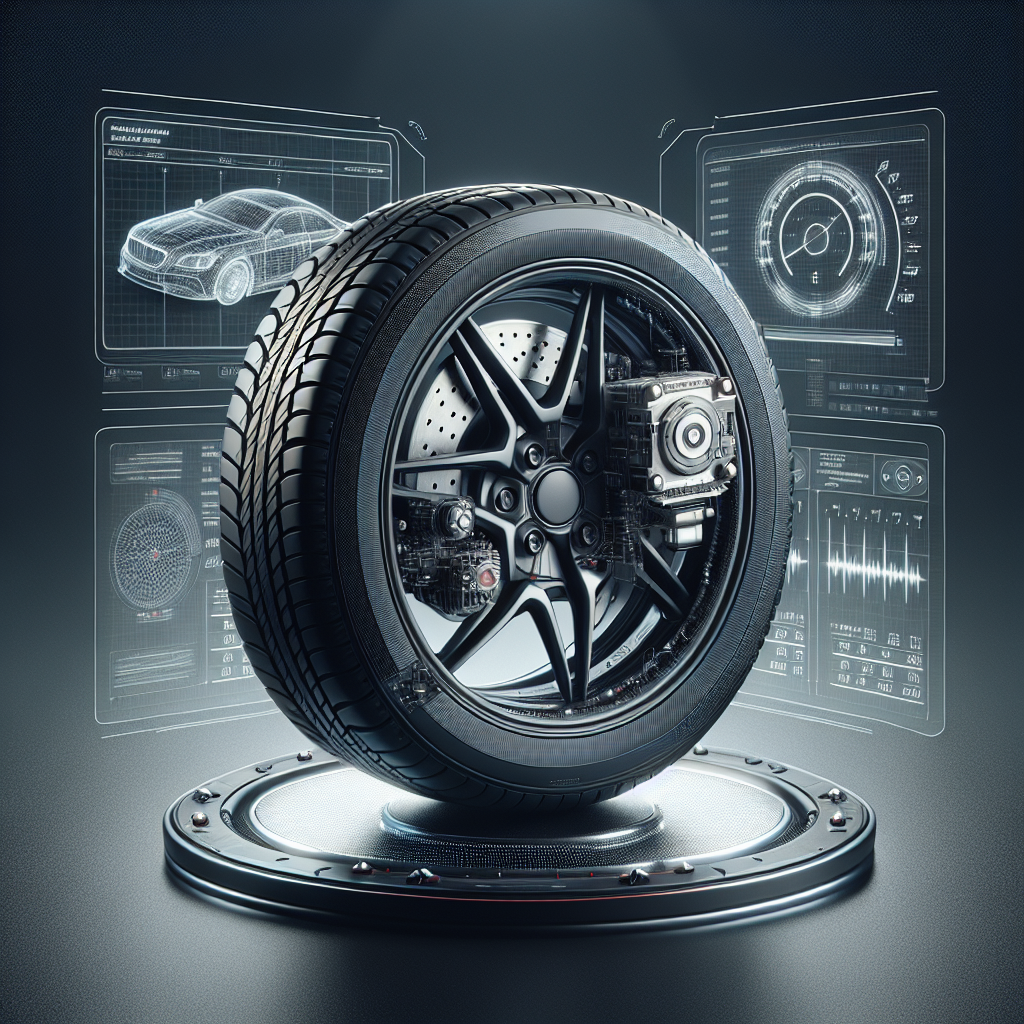 Illustration of a tire pressure monitoring system with a close-up of a tire and sensor.