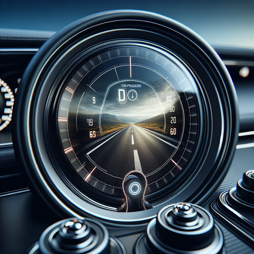 A close-up of a dashboard with a tire pressure monitoring system display and sensors on tires.