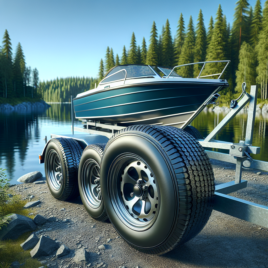 A boat trailer with well-inflated tires parked by a serene lake, emphasizing tire safety.