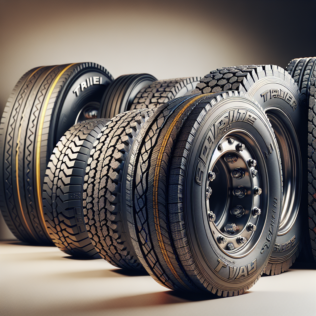 An arrangement of different types of trailer tires, including ST, LT, Bias Ply, and Radial tires.