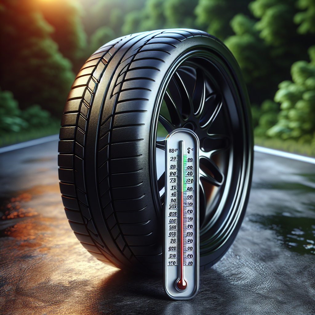 A tire thermometer and a colorful tire, with a blurred road landscape in the background.