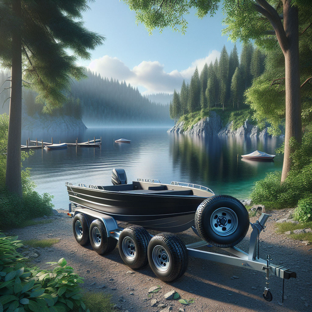 A boat trailer with properly inflated tires parked by a lake.