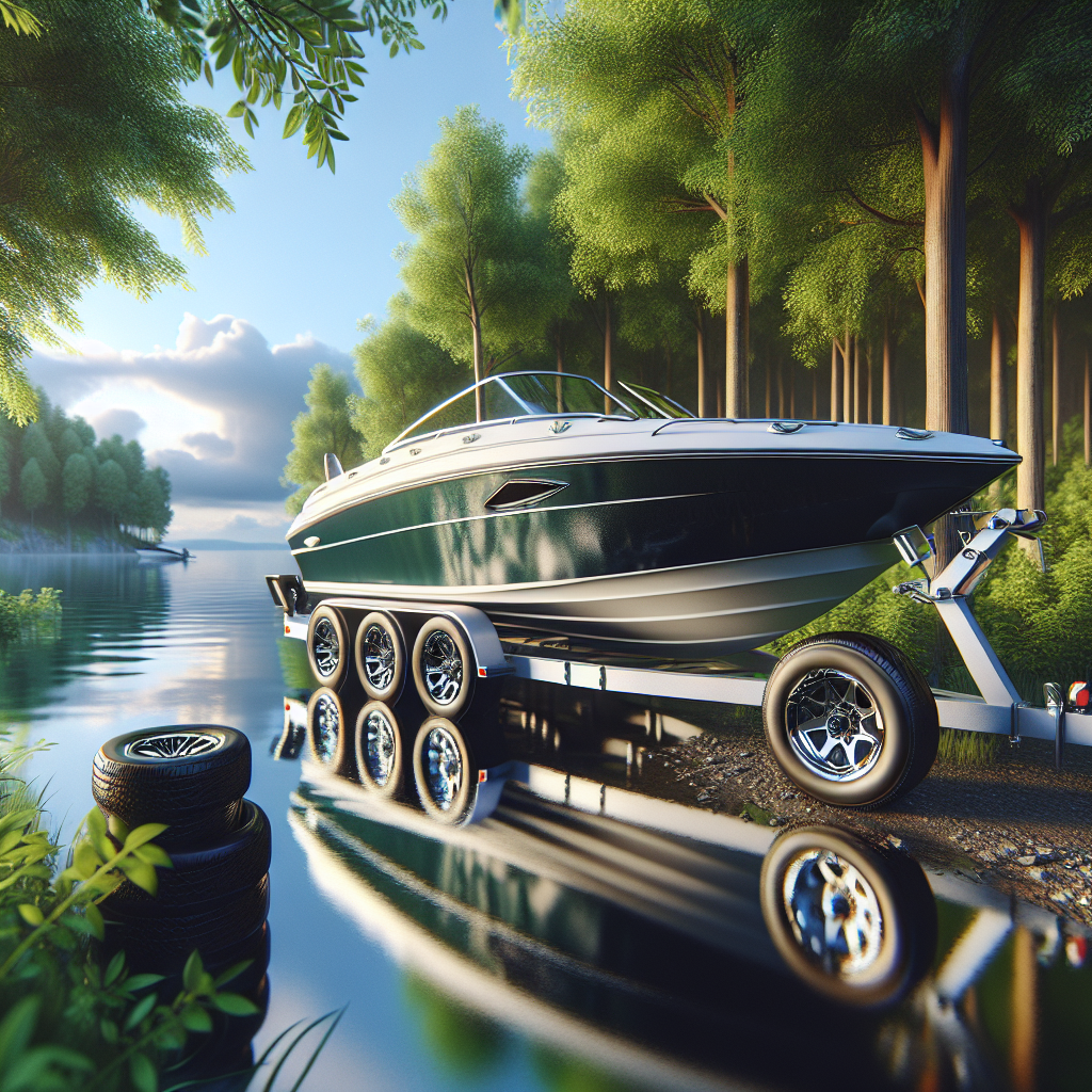A boat trailer with well-inflated tires parked by a lake under blue skies.