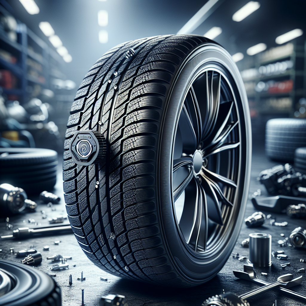 A close-up view of a tire with a visible tire pressure monitoring sensor.
