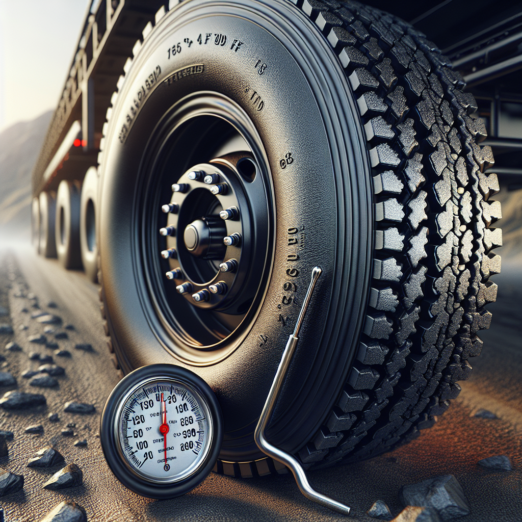 A trailer tire with a thermometer gauge indicating maximum tire temperature.