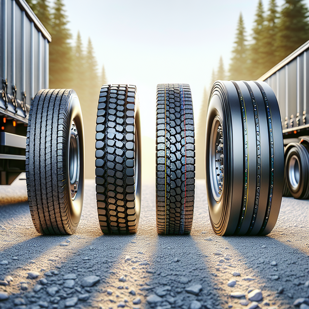 Different types of trailer tires displayed side by side on gravel.