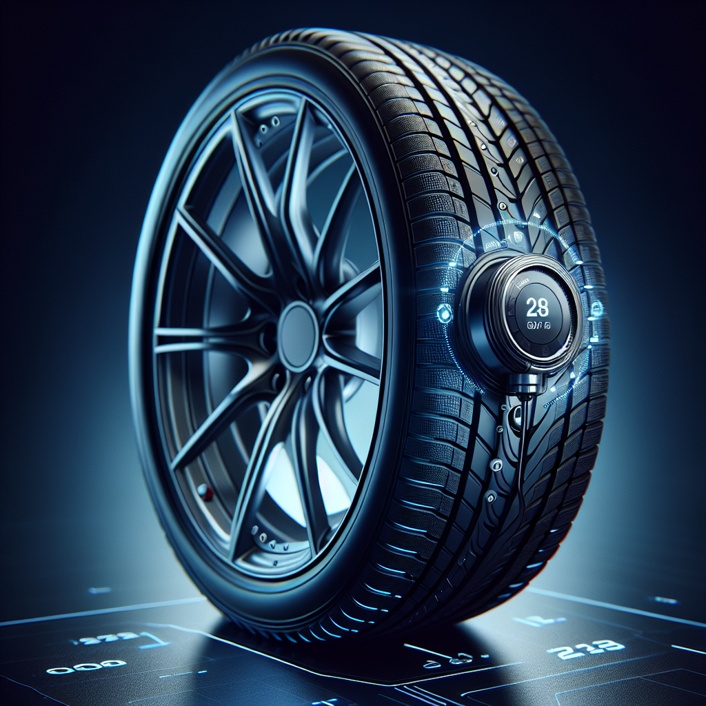 Close-up of a modern tire pressure monitoring system with a tire and sensor.