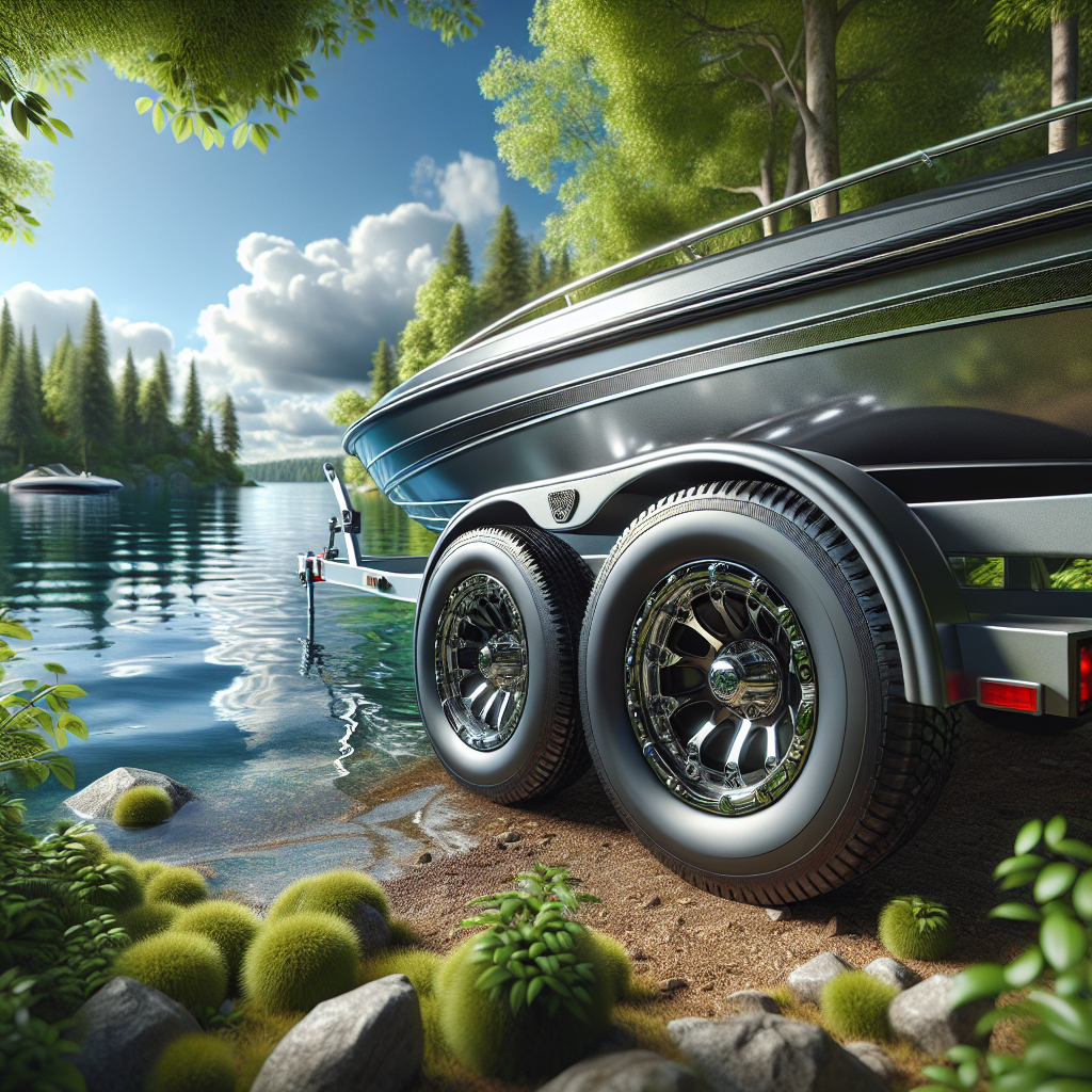 A boat trailer by a lake, emphasizing the properly inflated tires.