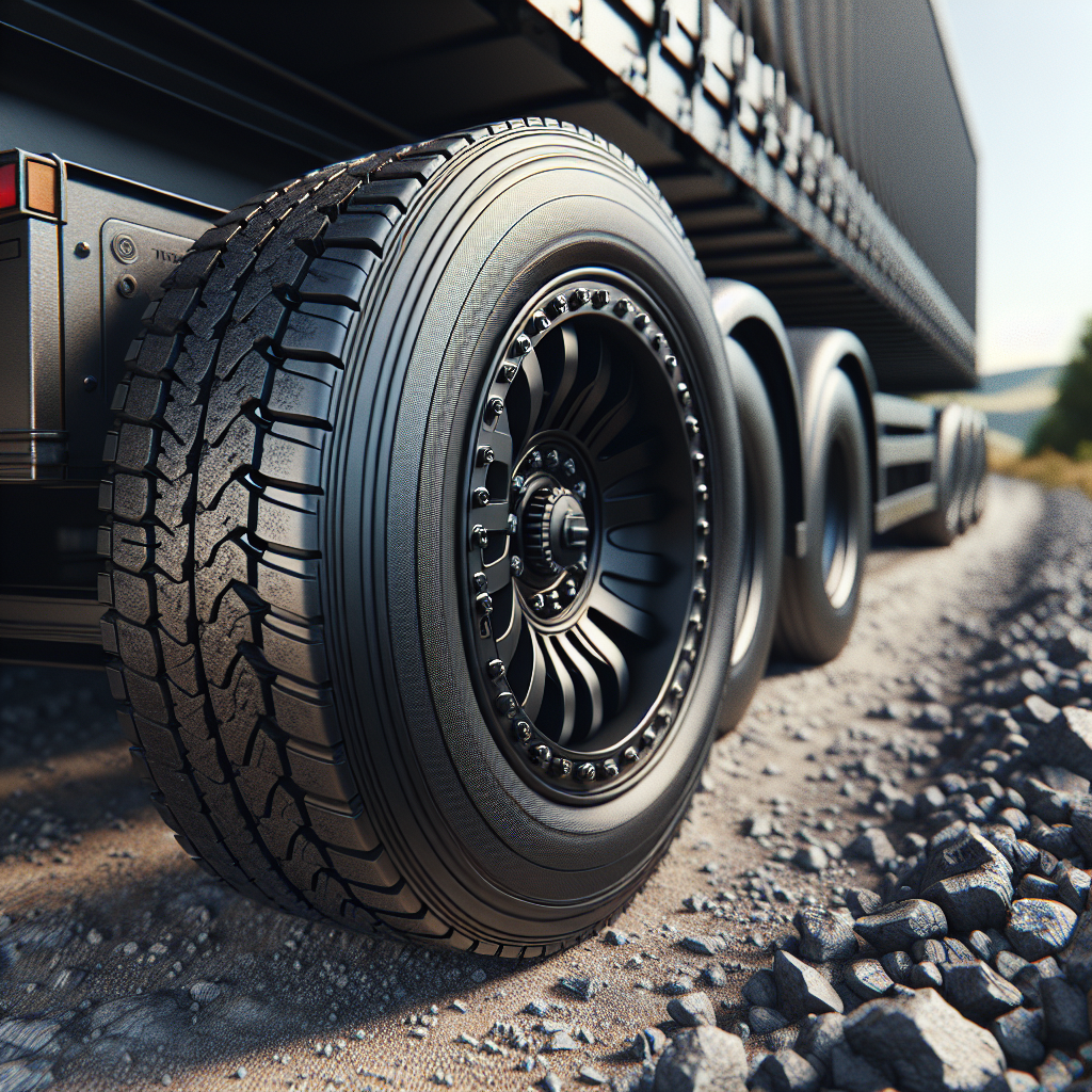 A close-up view of a tire on a trailer on a gravel road.
