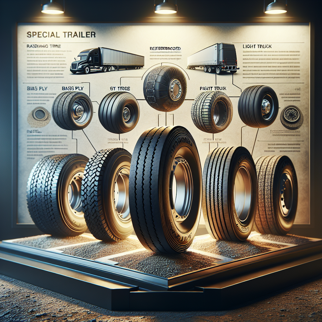 Different types of trailer tires showcased in a realistic style.