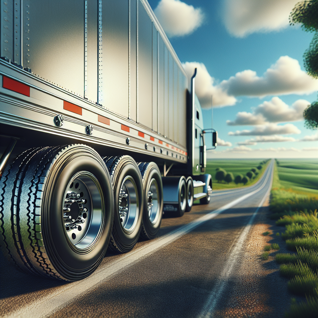 A trailer parked on a road, showcasing worn tires with cracks and bulges against a scenic landscape.