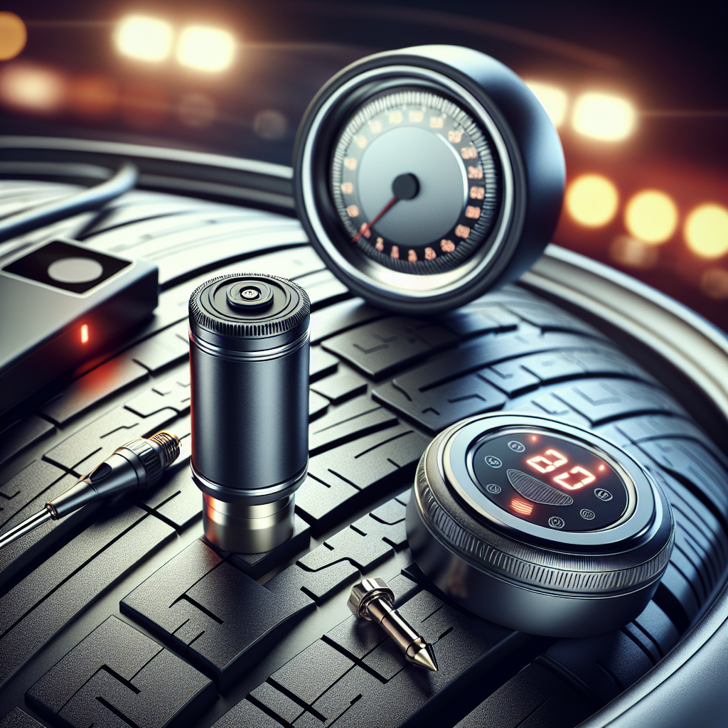 Illustration of components of a Tire Pressure Monitoring System including a tire with a sensor, a wireless receiver, and a dashboard gauge.