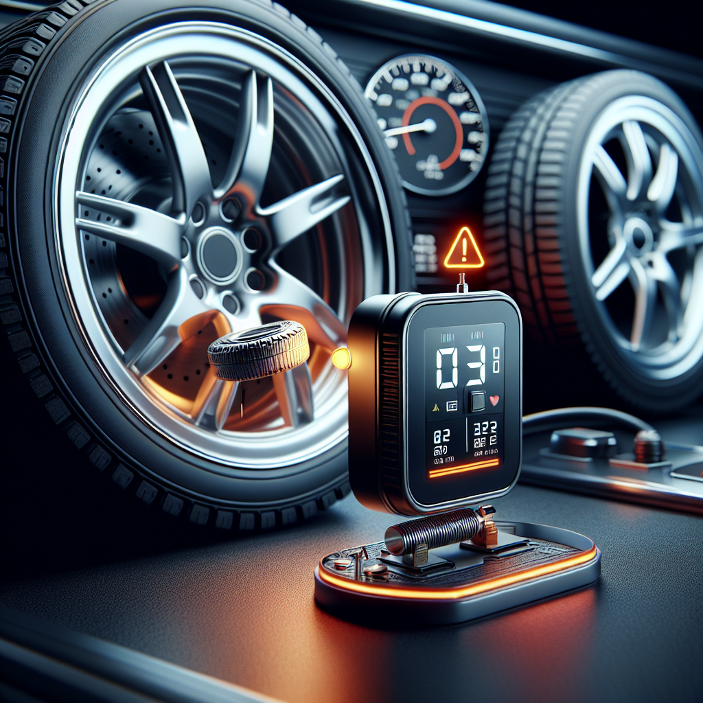 An illustration of a tire pressure monitoring system including a pressure sensor, receiver unit, and dashboard warning light.